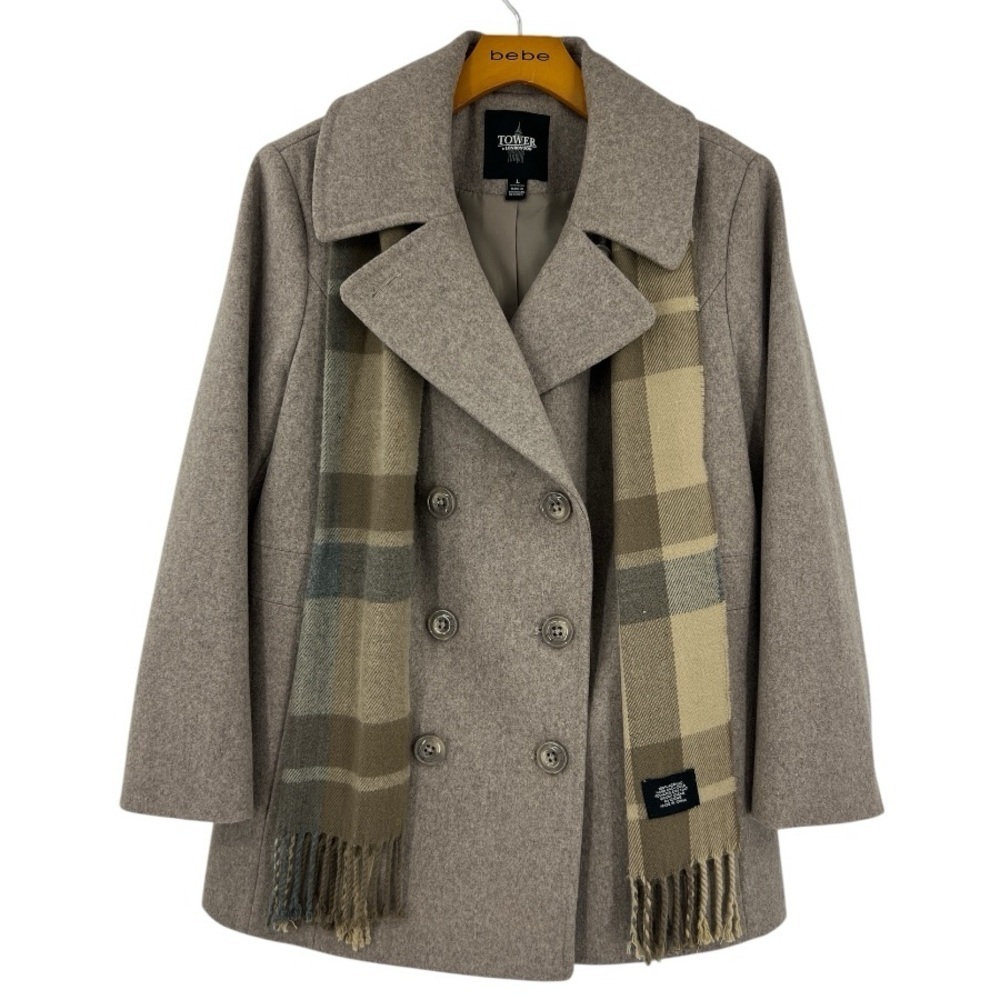 London Fog Double-Breasted Plaid-Scarf Wool Blend Peacoat SZ L